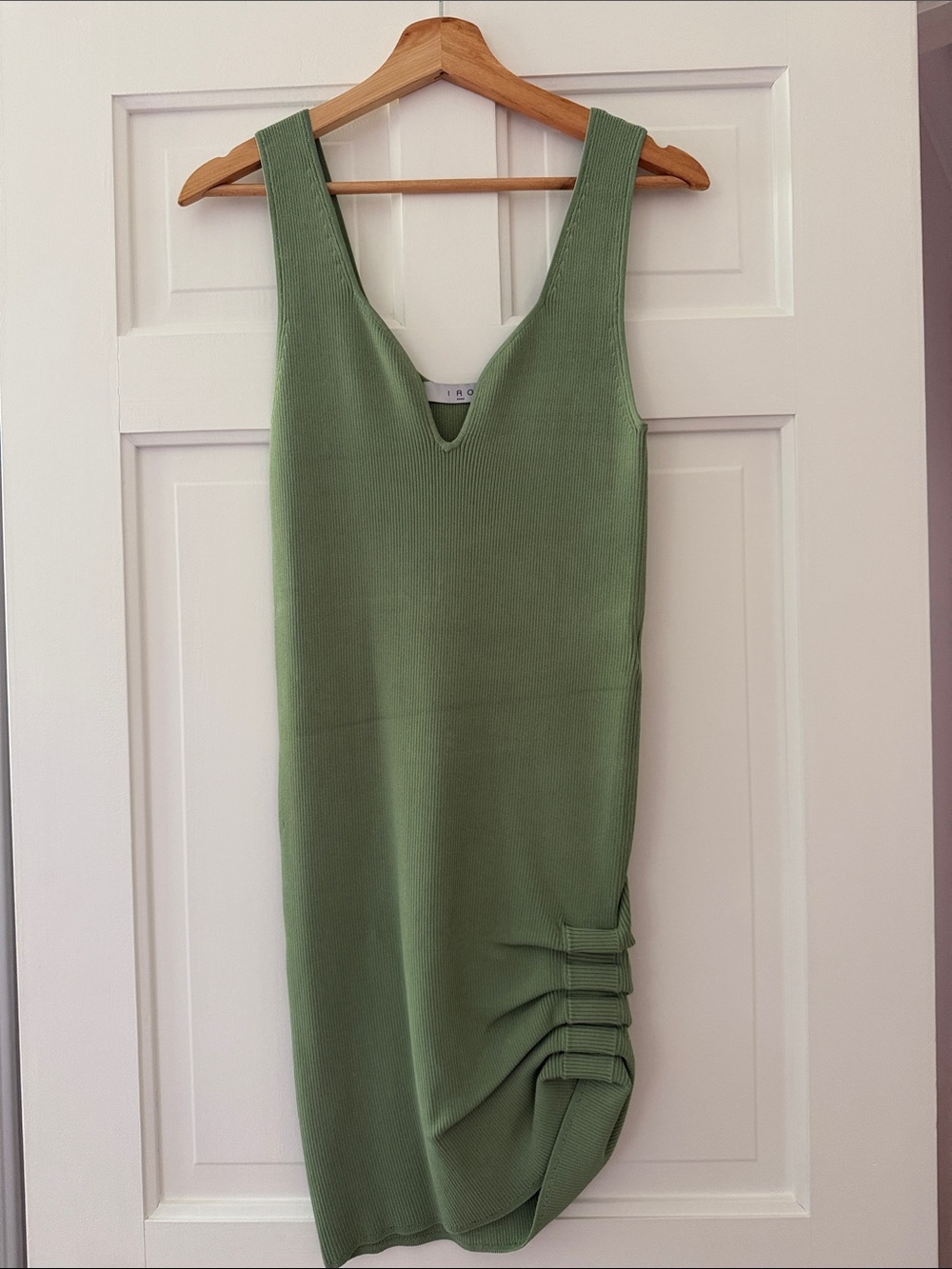IRO Olive Green Ribbed V-Neck Midi Dress